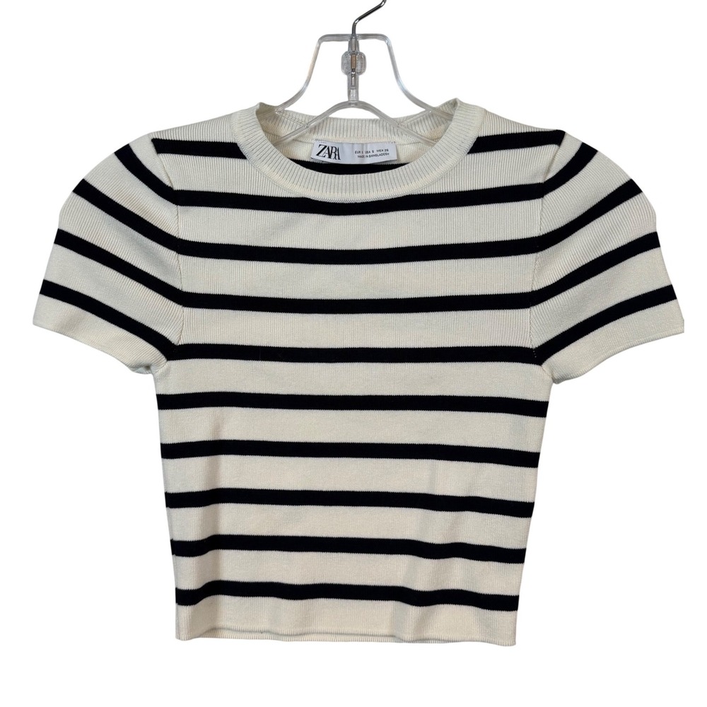 Zara Womens •Small• Striped Short Sleeve Ribbed‎ Knit Top Cream Black Crew Neck
